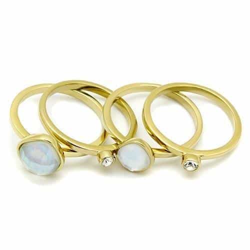 Stainless Steel Gold IP White Opal Mother of Pearl CZ Stack Ring view 10