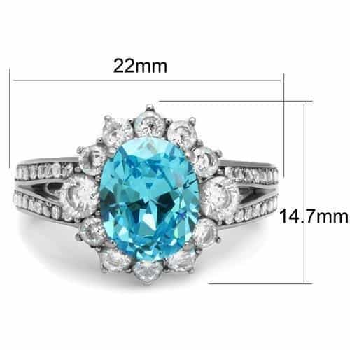 Stainless Steel Aquamarine Blue CZ Oval Halo Pave Cocktail Ring view 4