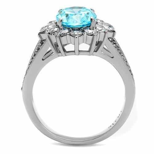 Stainless Steel Aquamarine Blue CZ Oval Halo Pave Cocktail Ring view 6
