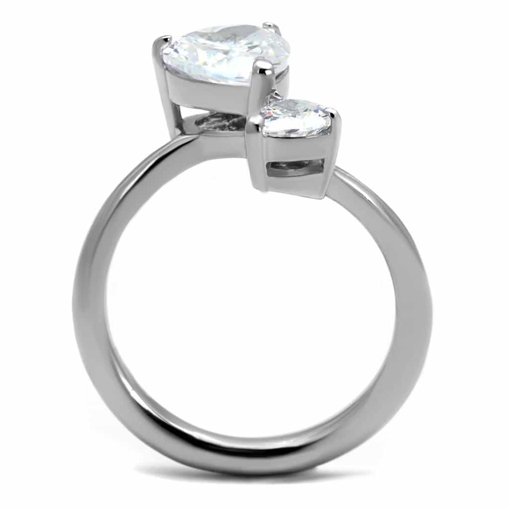 Stainless Steel CZ Heart Round Double Solitaire Thin Band Ring view 6