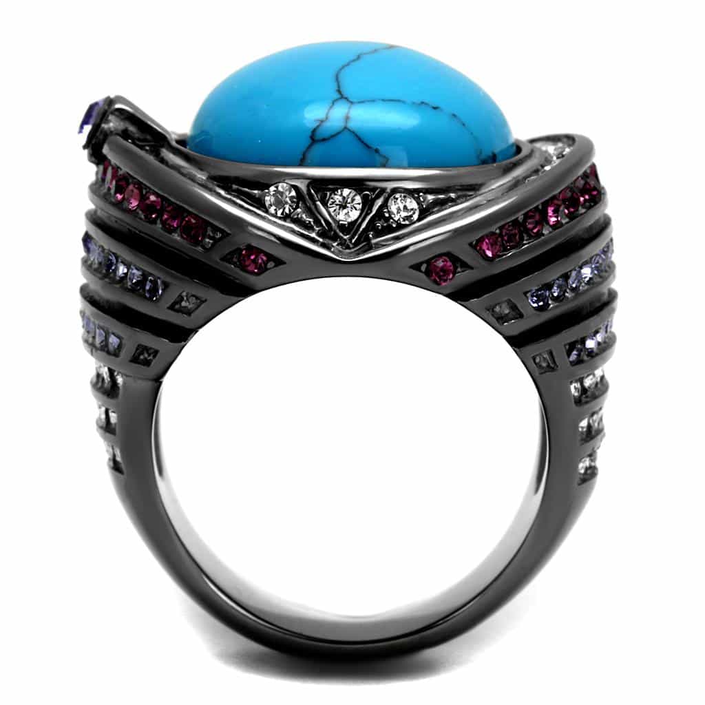 Stainless Steel Dark Gunmetal Turquoise Cabochon CZ Amethyst Ring view 6