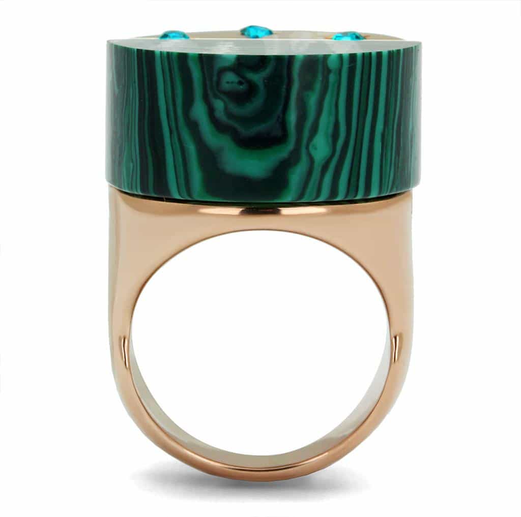 Stainless Steel Rose Gold IP Malachite Inlay Green Zircon CZ Ring view 6