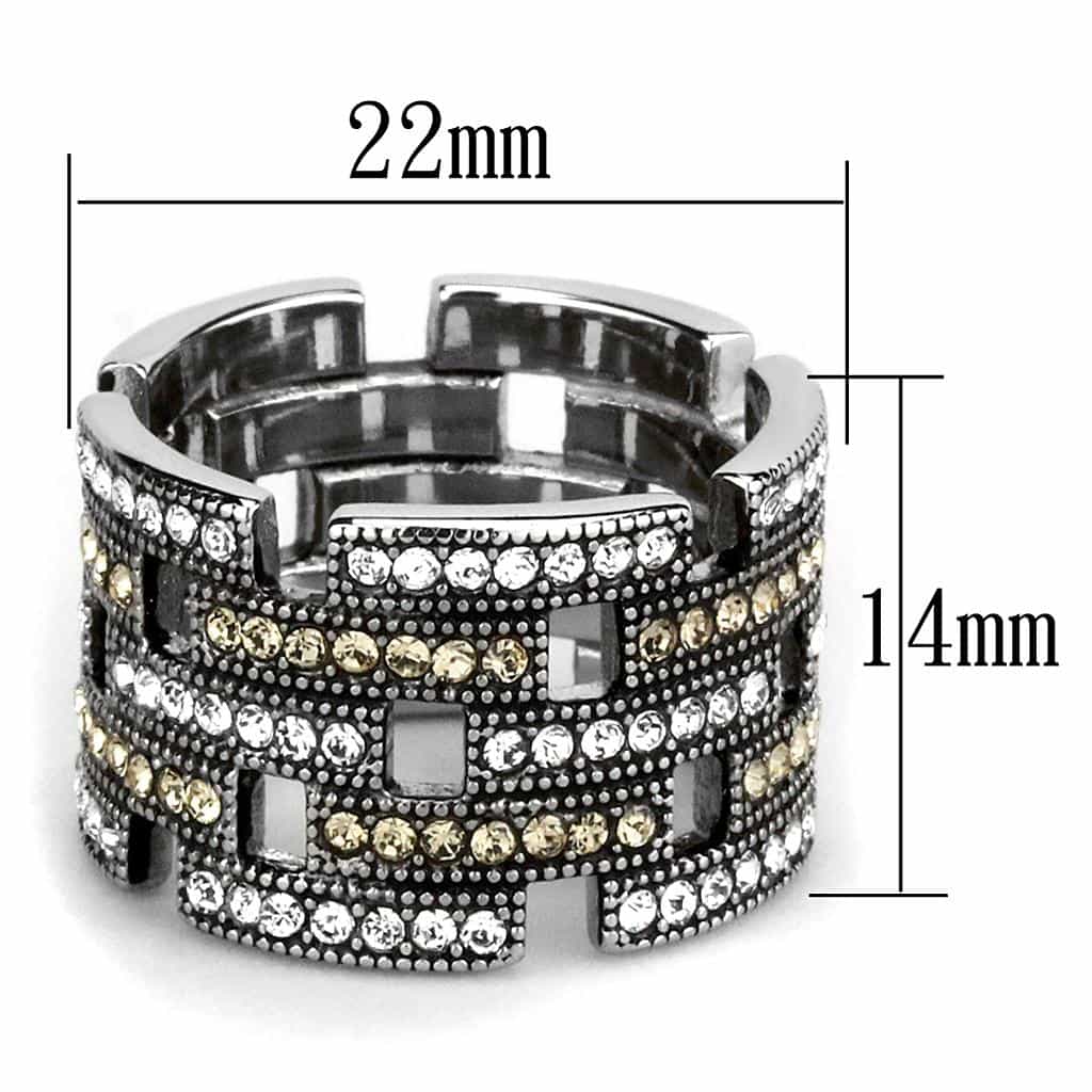 Stainless Steel Champagne Crystal Grid Cutout Pave Wide Band Ring view 4