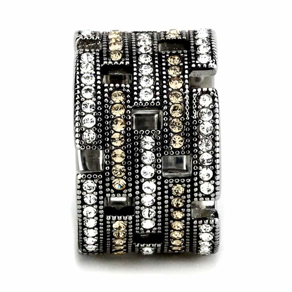 Stainless Steel Champagne Crystal Grid Cutout Pave Wide Band Ring view 8
