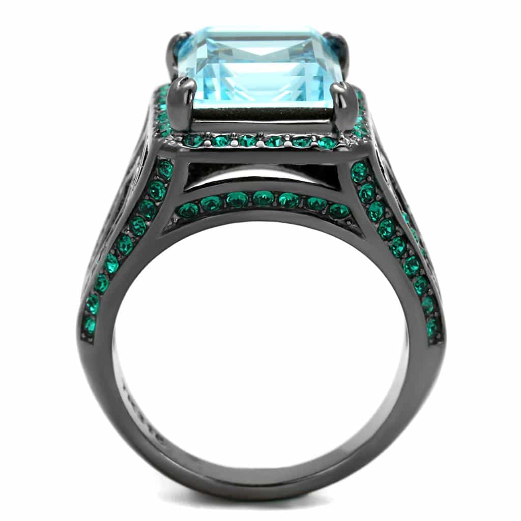 Stainless Steel Dark Gunmetal Aquamarine Emerald Cut Green Ring view 6