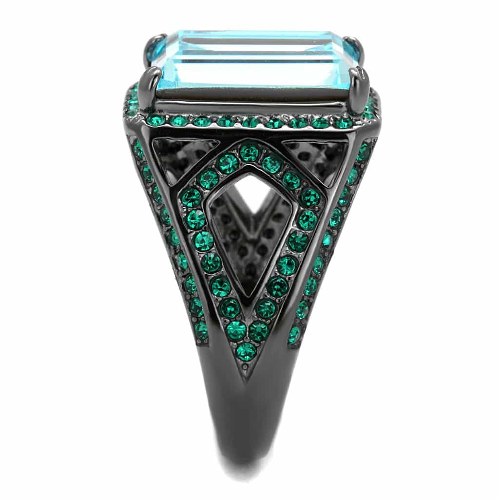 Stainless Steel Dark Gunmetal Aquamarine Emerald Cut Green Ring view 8
