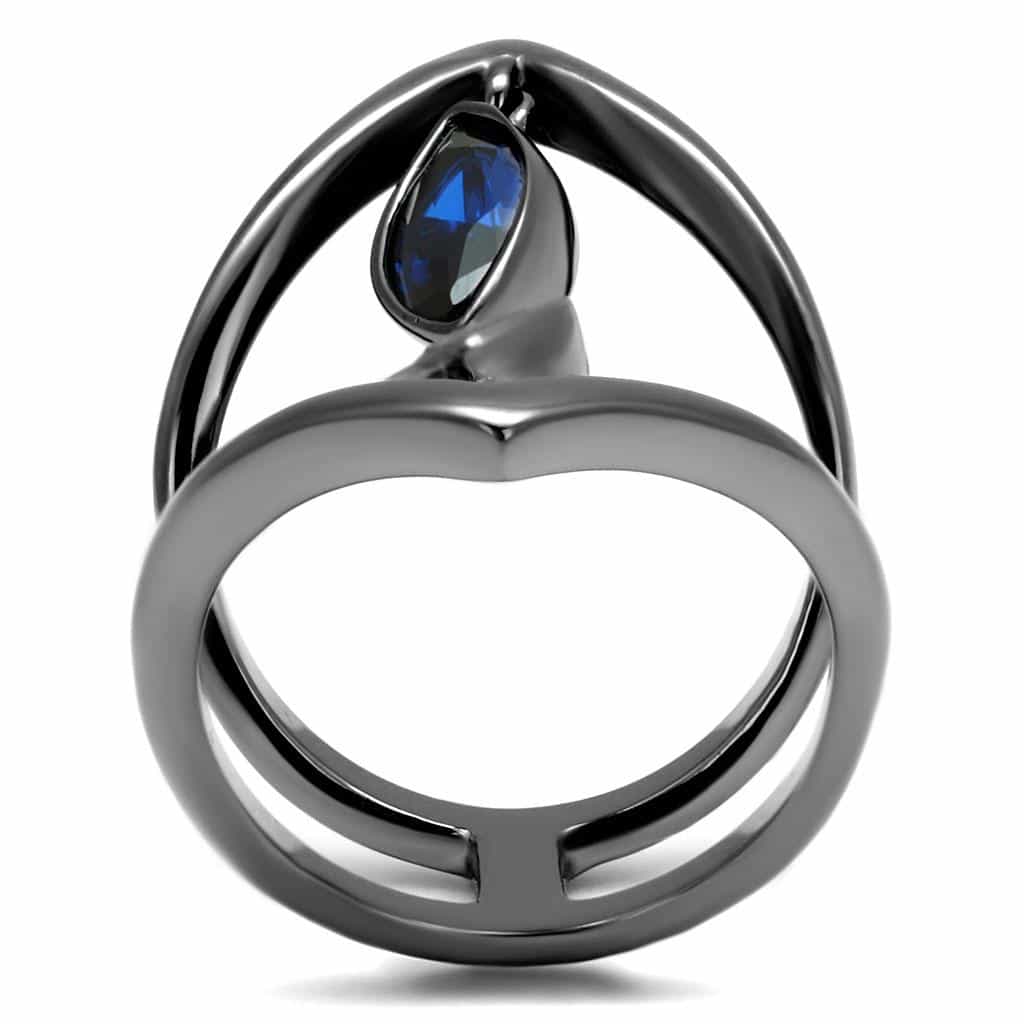 Stainless Steel Dark Gunmetal Blue Sapphire CZ Marquise Open Ring view 6