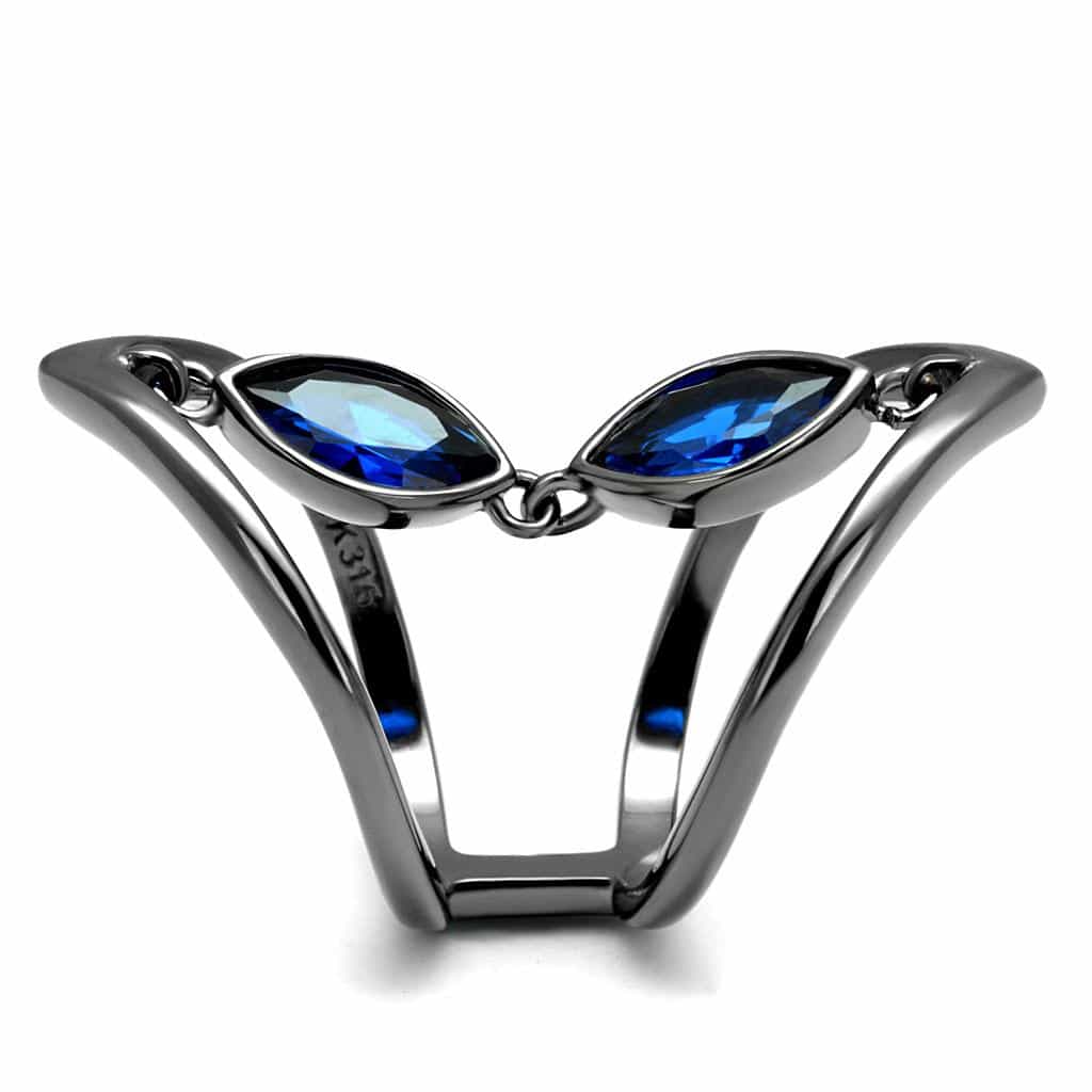 Stainless Steel Dark Gunmetal Blue Sapphire CZ Marquise Open Ring view 8