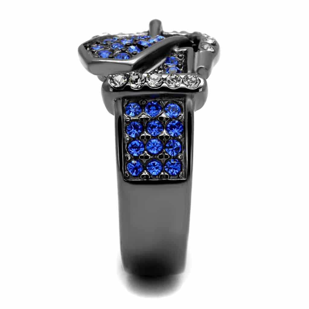 Stainless Steel Dark Gunmetal Blue Sapphire Crystal Pave Ring view 8