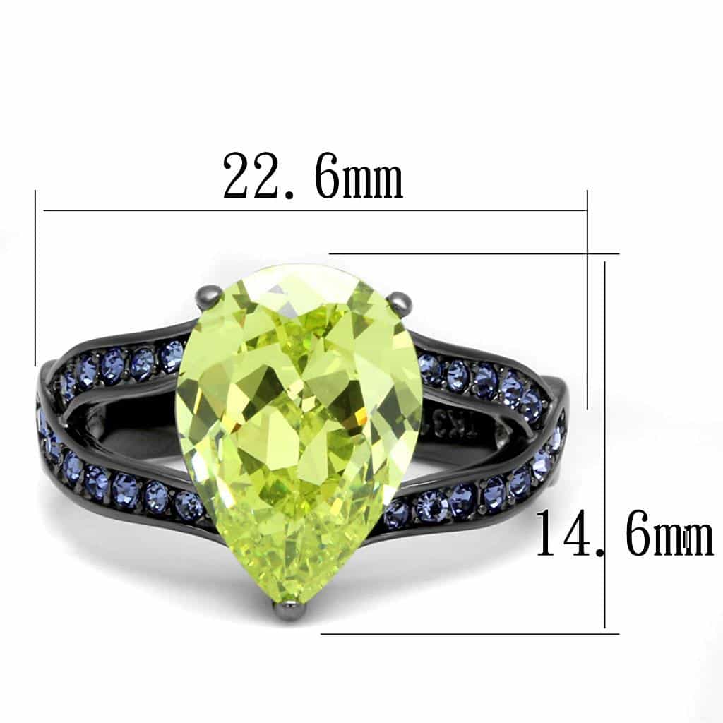 Stainless Steel Dark Gunmetal Yellow Peridot CZ Pear Pave Ring view 4