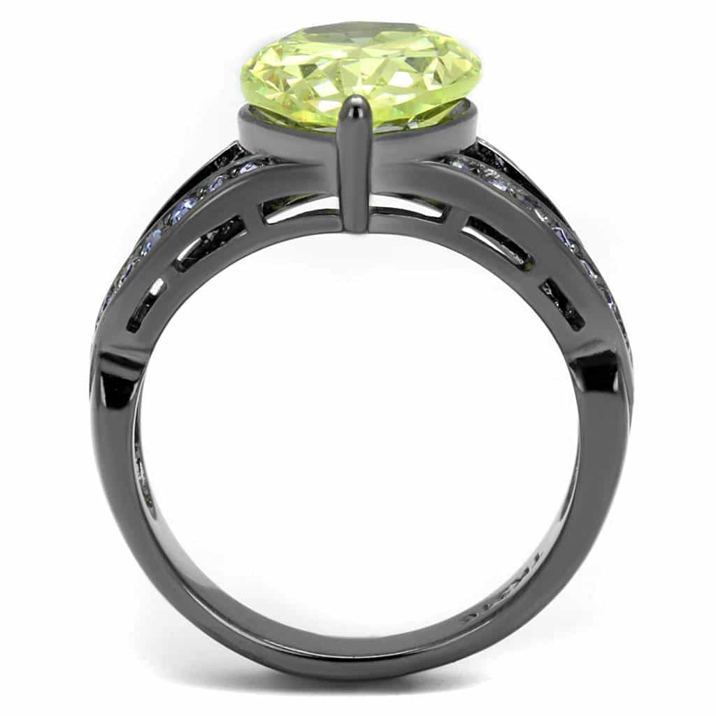 Stainless Steel Dark Gunmetal Yellow Peridot CZ Pear Pave Ring view 6