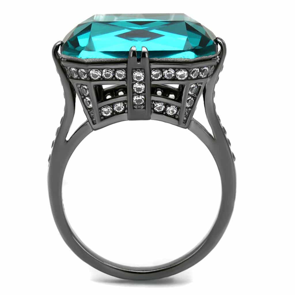 Stainless Steel Dark Gunmetal Blue Zircon Crystal Cushion CZ Ring view 6