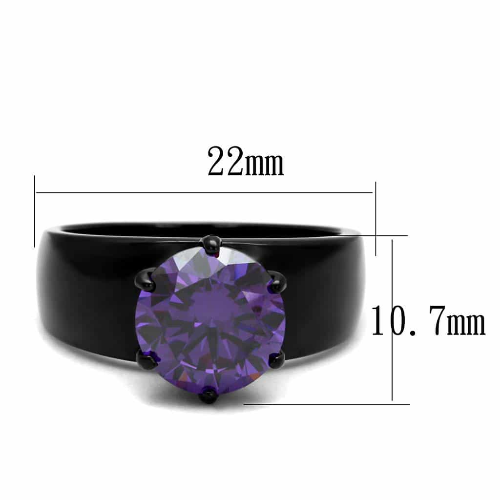 Stainless Steel Black IP Amethyst Purple CZ Oval Solitaire Ring view 4