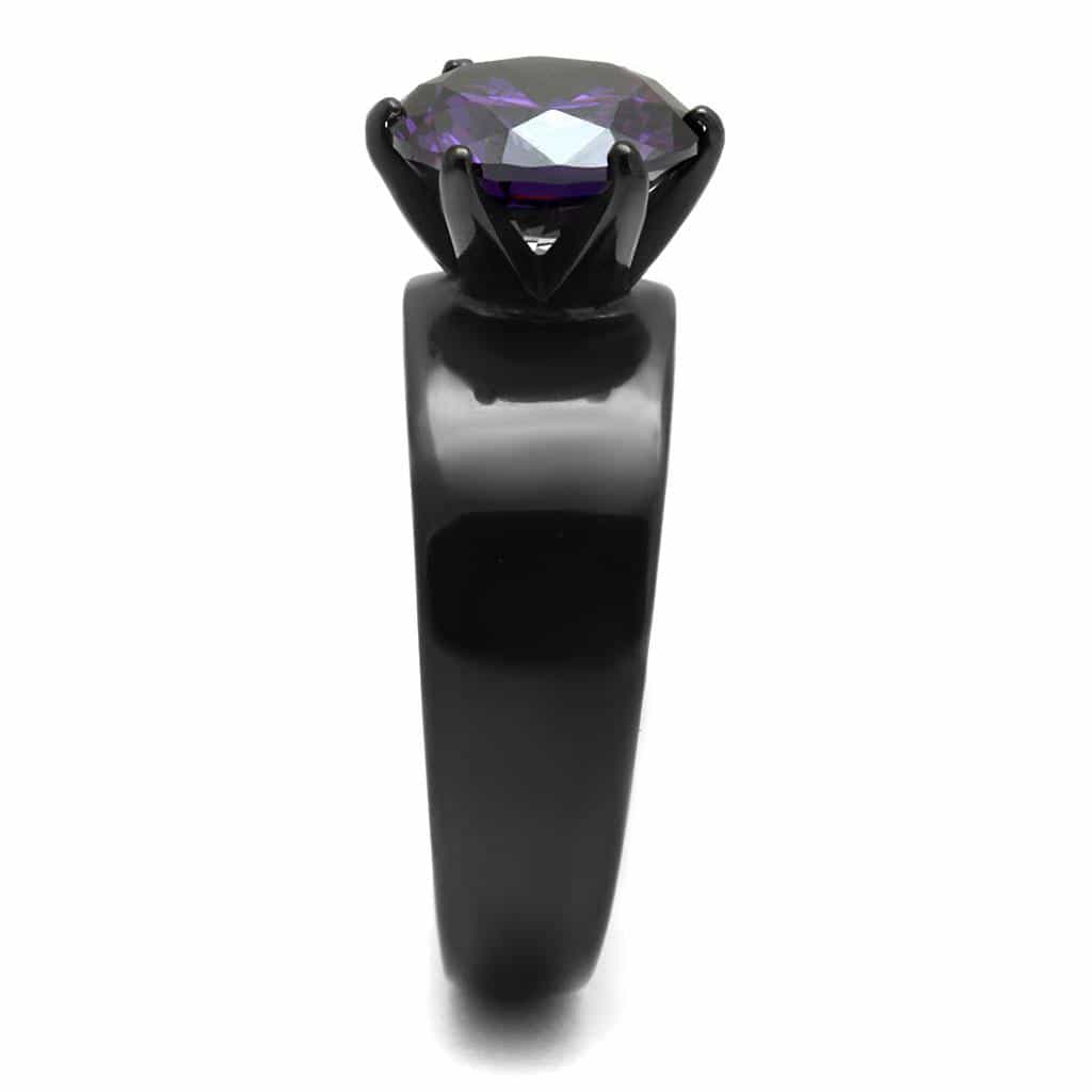 Stainless Steel Black IP Amethyst Purple CZ Oval Solitaire Ring view 8