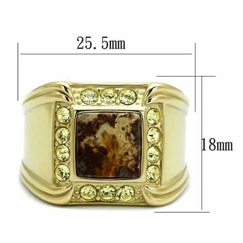 Stainless Steel Gold IP Jasper Brown Stone Square CZ Halo Ring view 4
