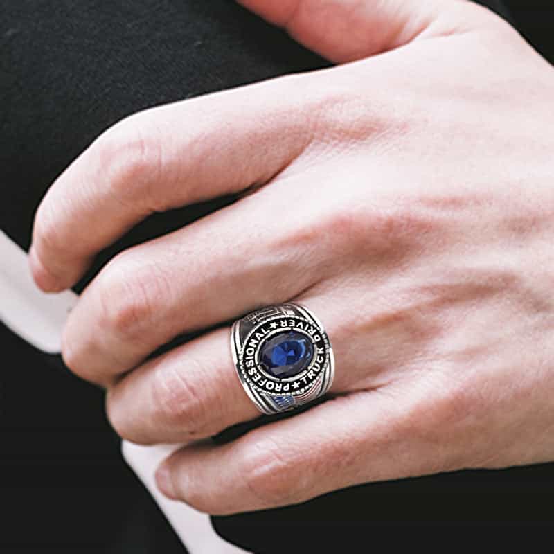 Stainless Steel Antiqued Silver Blue Sapphire CZ Oval Truck Ring view 14