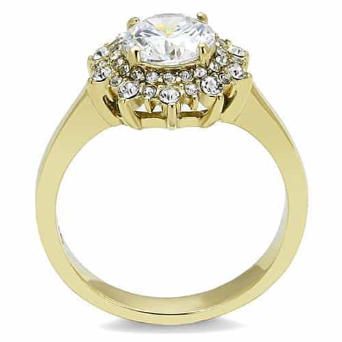 Stainless Steel Gold IP CZ Round Sunflower Halo Pave Ring view 6