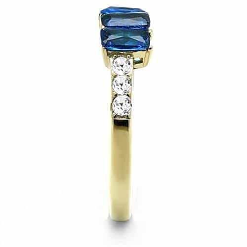 Stainless Steel Gold IP London Blue CZ Emerald Cut Triple Ring view 8