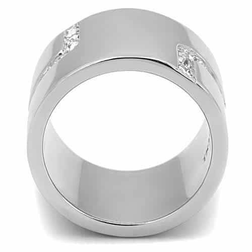 Stainless Steel Polished Wide CZ Diagonal Wave Band Ring view 6