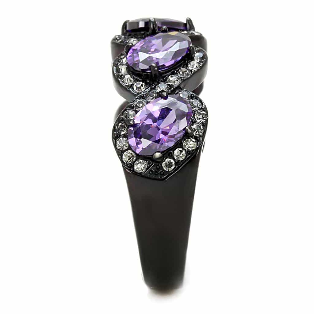 Stainless Steel Dark Gunmetal Amethyst Purple CZ Oval Pave Ring view 8