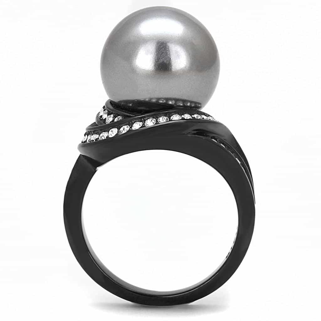 Stainless Steel Dark Gunmetal Gray Pearl CZ Pave Swirl Ring view 6