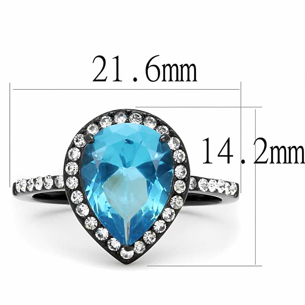 Stainless Steel Dark Gunmetal Aquamarine Blue CZ Pear Halo Ring view 4