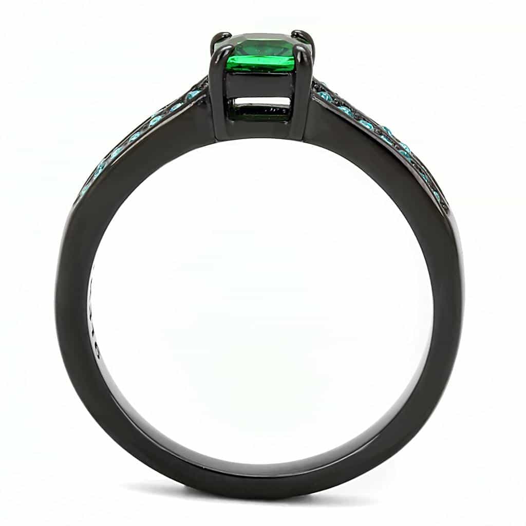 Stainless Steel Black IP Emerald Green CZ Emerald Cut Blue Ring view 6