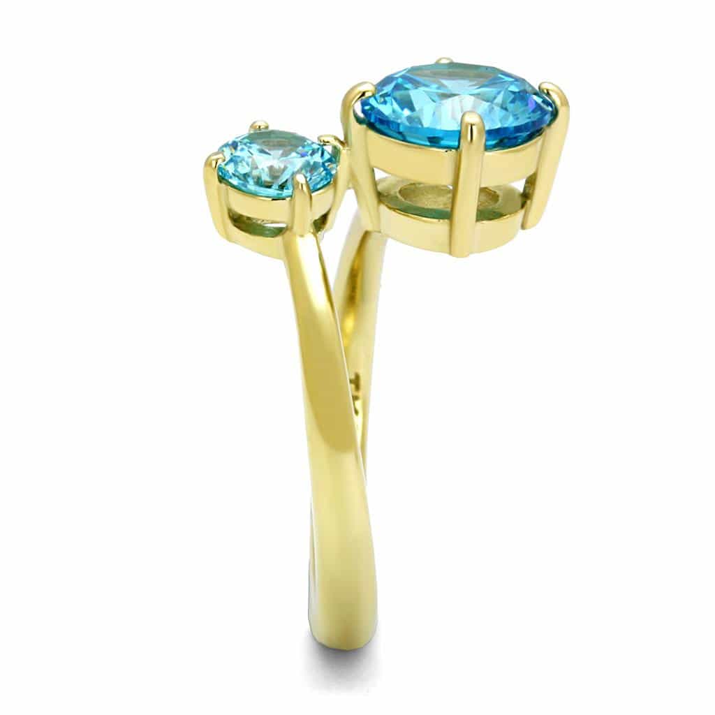 Stainless Steel Gold IP Aquamarine Blue CZ Round Double Ring view 8