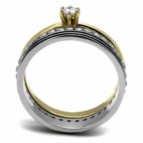 Stainless Steel Gold IP Two-Tone CZ Channel Black Enamel Ring view 6