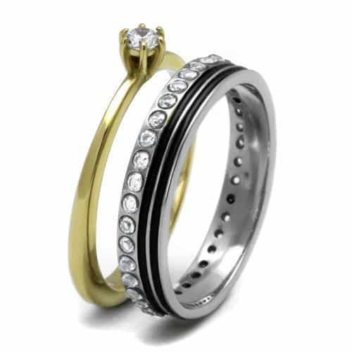 Stainless Steel Gold IP Two-Tone CZ Channel Black Enamel Ring view 8