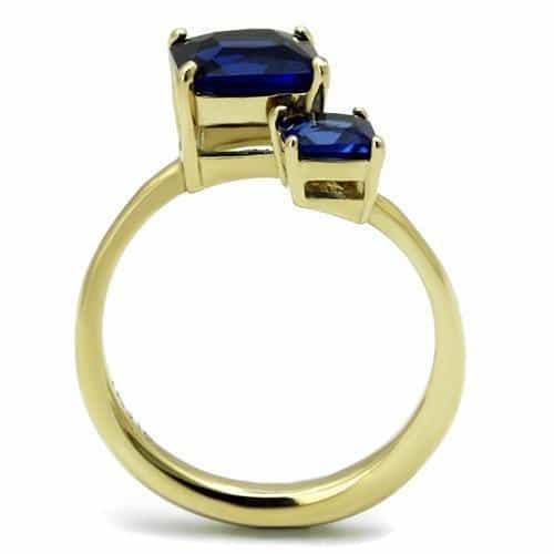 Stainless Steel Gold IP Blue Sapphire Emerald Cut Double Ring view 6