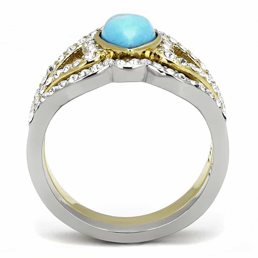 Stainless Steel Turquoise Pear CZ Halo Split Shank Two-Tone Ring view 6