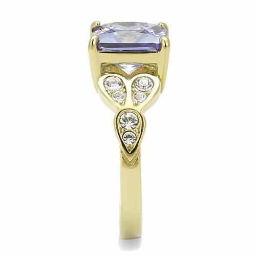 Stainless Steel Gold IP Light Amethyst Emerald Cut CZ Scroll Ring view 8