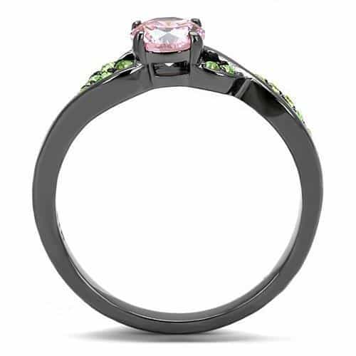 Stainless Steel Black IP Pink CZ Solitaire Green Accent Ring view 6
