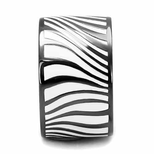 Stainless Steel Silver Black Enamel Zebra Wave Wide Band Ring view 8
