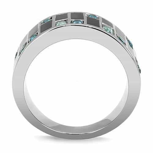 Stainless Steel Light Blue Topaz CZ Black Enamel Mosaic Grid Ring view 6