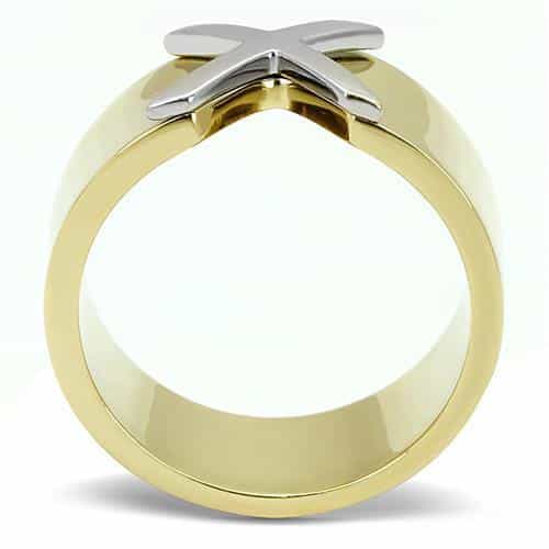 Stainless Steel Gold IP Silver Cross X Wide Band Ring view 6