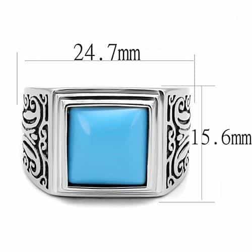 Stainless Steel Turquoise Square Cabochon Scroll Carved Mens Ring view 4