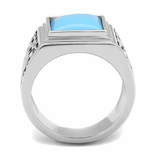 Stainless Steel Turquoise Square Cabochon Scroll Carved Mens Ring view 6