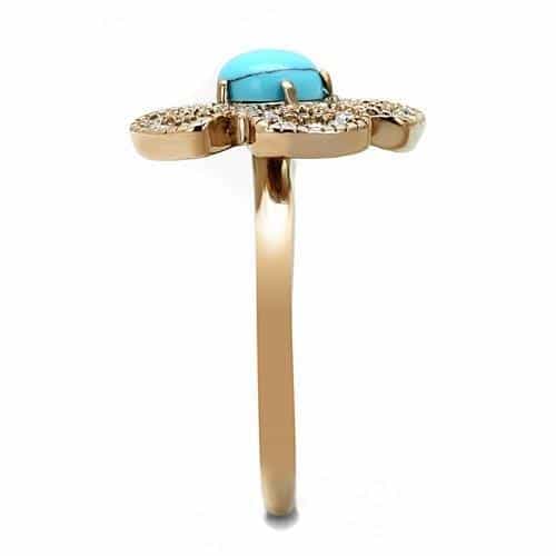 Stainless Steel Rose Gold IP Turquoise Cabochon CZ Pave Ring view 8