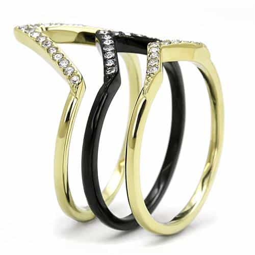 Stainless Steel Gold IP Black Enamel CZ Pave Double V Ring view 8