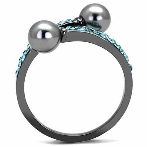 Stainless Steel Black IP Gray Pearl Aquamarine CZ Double Ring view 6