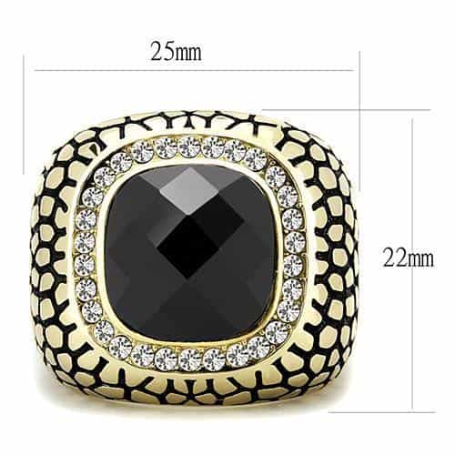 Stainless Steel Gold IP Black Onyx Cushion CZ Halo Crackle Ring view 4