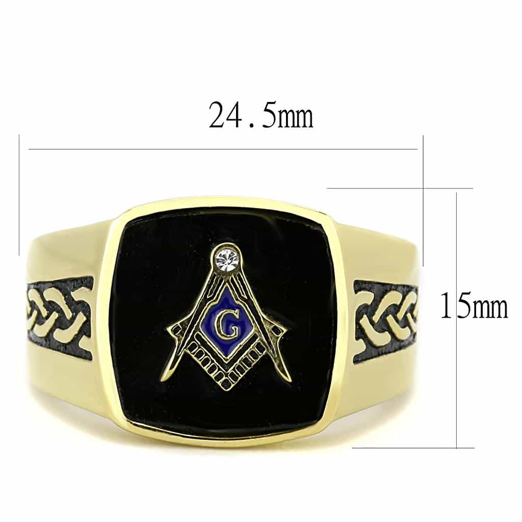 Stainless Steel Gold IP Black Enamel Masonic Compass Square Ring view 4