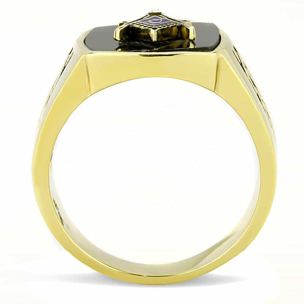 Stainless Steel Gold IP Black Enamel Masonic Compass Square Ring view 6
