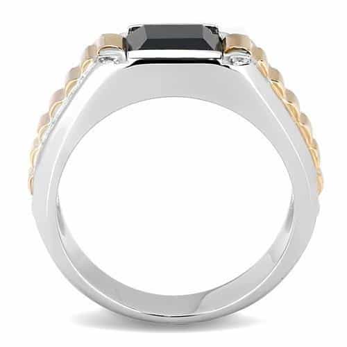 Stainless Steel Two-Tone Rose Gold Black Onyx Square CZ Ring view 6