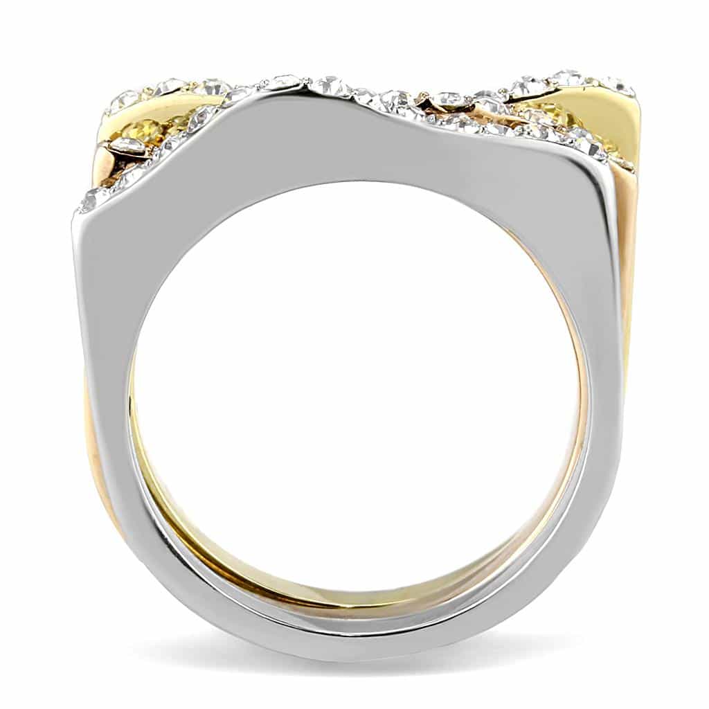 Stainless Steel Two-Tone Gold Silver CZ Pave Triple Wave Ring view 6