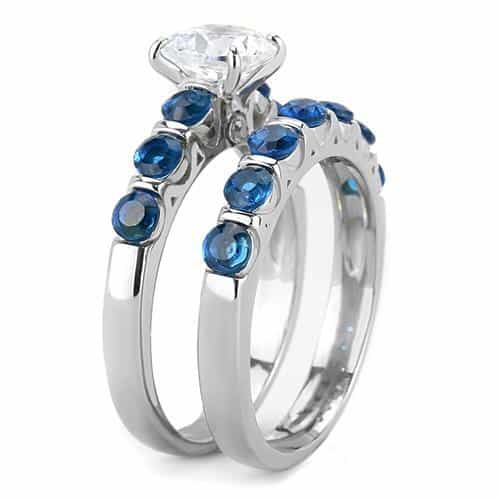 Stainless Steel Blue Sapphire CZ Round Solitaire Pave Stack Ring view 8