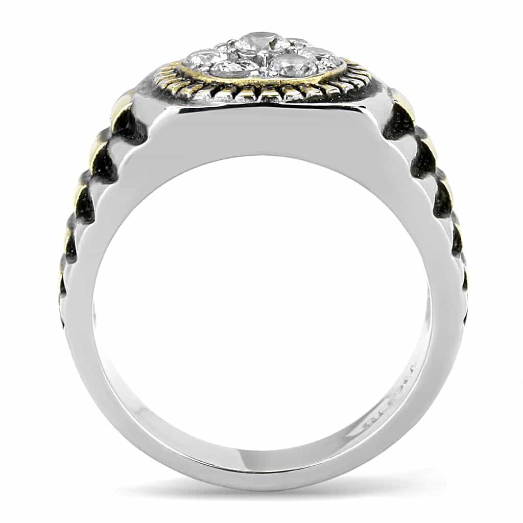 Stainless Steel Two-Tone Gold CZ Round Cluster Ribbed Mens Ring view 6
