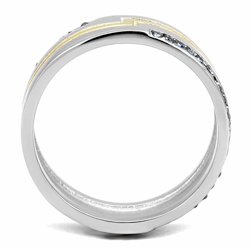 Stainless Steel Two-Tone Gold Silver Blue CZ Channel Ring view 6